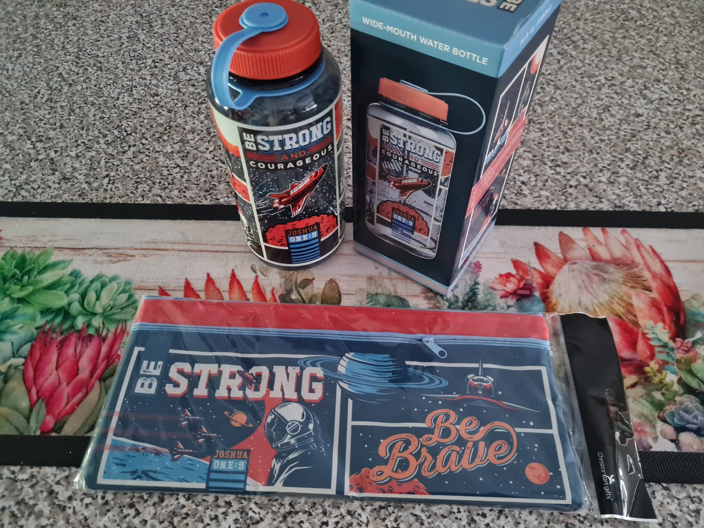 Be Strong Joshua 1:9 Canvas Pencil Bag & Water Bottle Combo