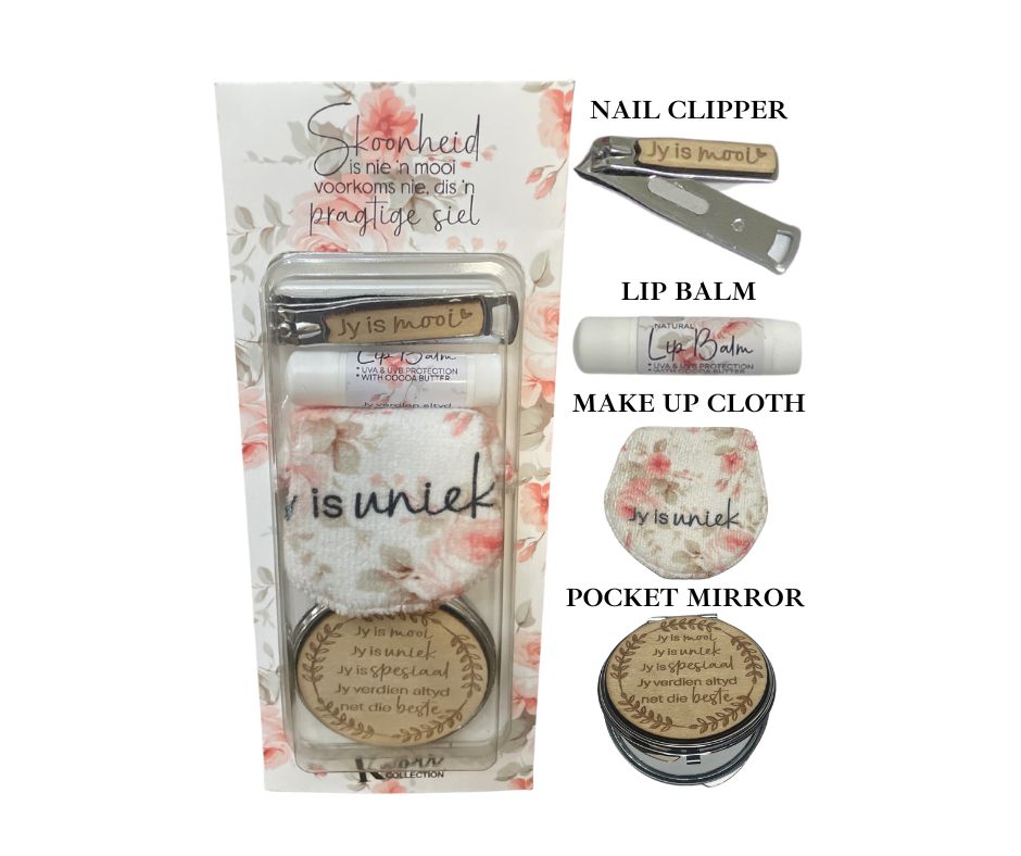 Printed Beauty Kit (Nail Clipper, Lip Balm, Make Up Cloth, Mirror)