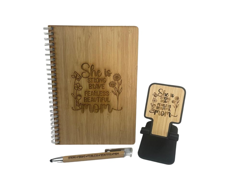 Engraved Bamboo Notebook, Phone Stand and Pen