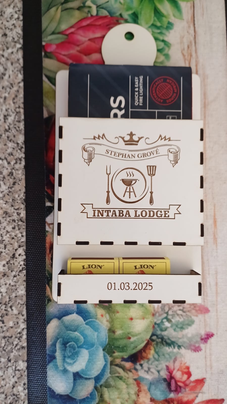 Engraved Firestarter Holder with firestarters and matches
