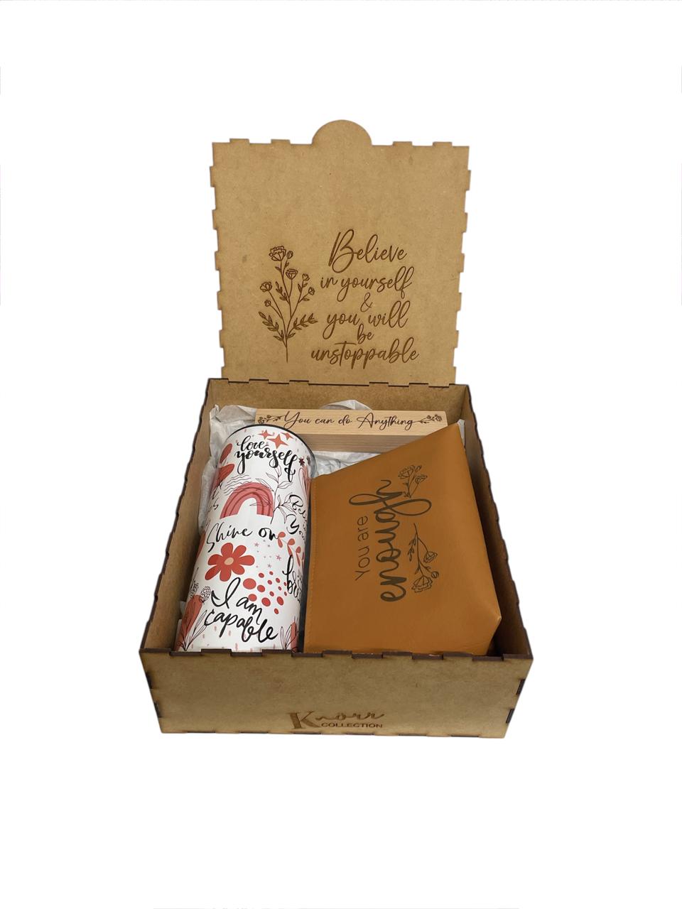 Standard Tumbler, Make up Bag and Engraved Pen in Wooden Box Combo