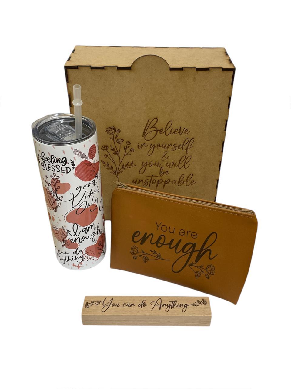 Standard Tumbler, Make up Bag and Engraved Pen in Wooden Box Combo