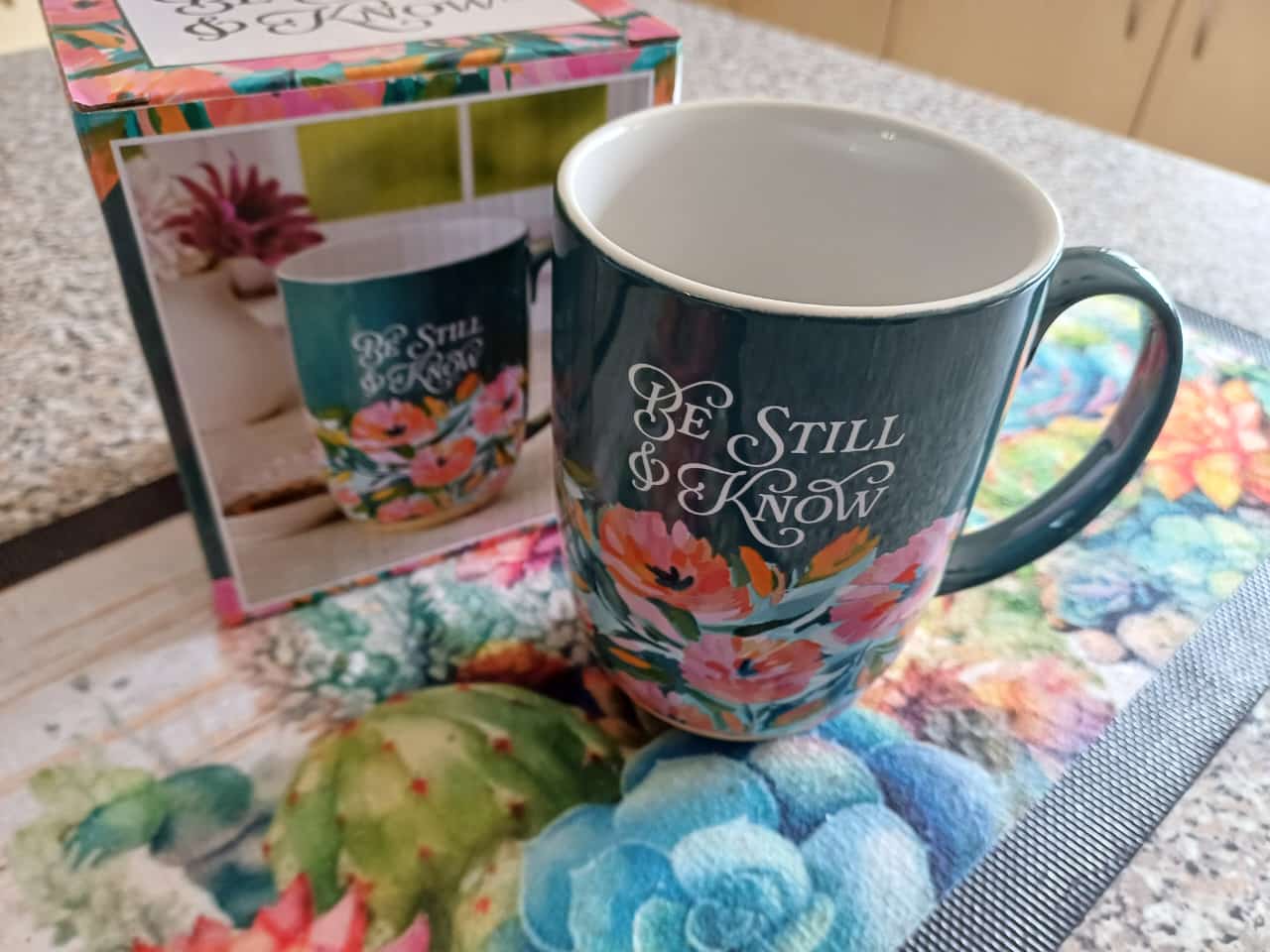 Be Still & Know Floral Teal Green Ceramic Mug