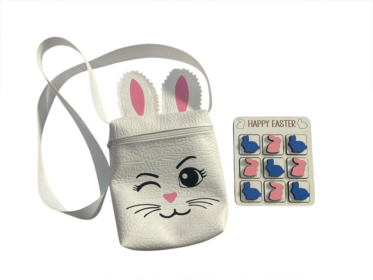 Small Kids Bunny Leatherette Sling Bag with Tic Tac Toe Wooden Game